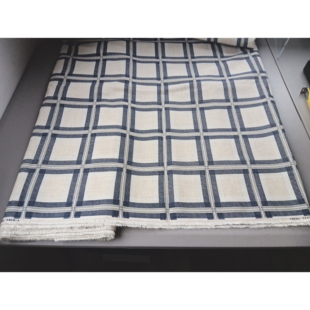 VTG Omega Textile Fabric Navy Blue Cream White Square Cotton Decor‎ Classic MCM